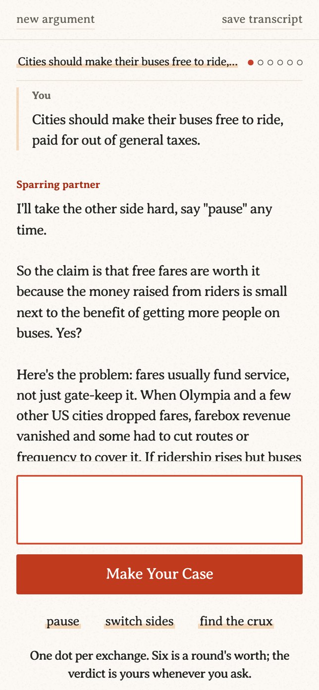 The opening reply on a phone: it says it will take the other side, restates the claim, then makes its first objection.