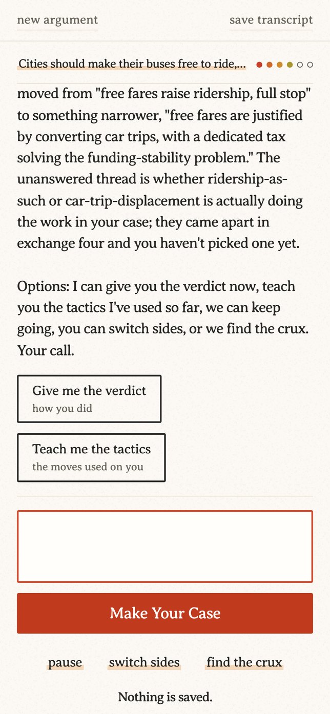 A pause reply on a phone, ending with two buttons: Give me the verdict, and Teach me the tactics.