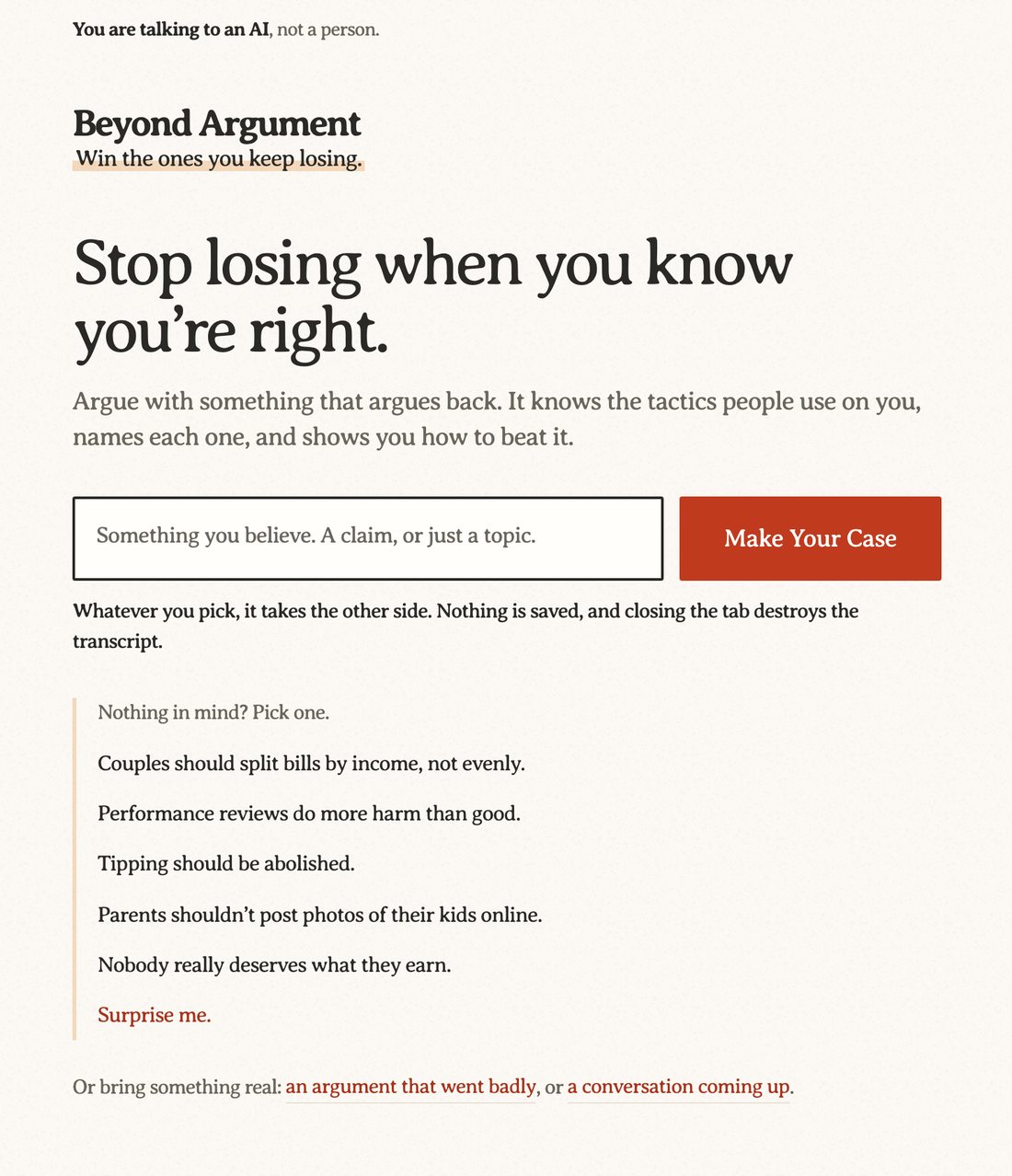 Beyond Argument&rsquo;s home screen: the headline, a box for a claim, and five starter claims.