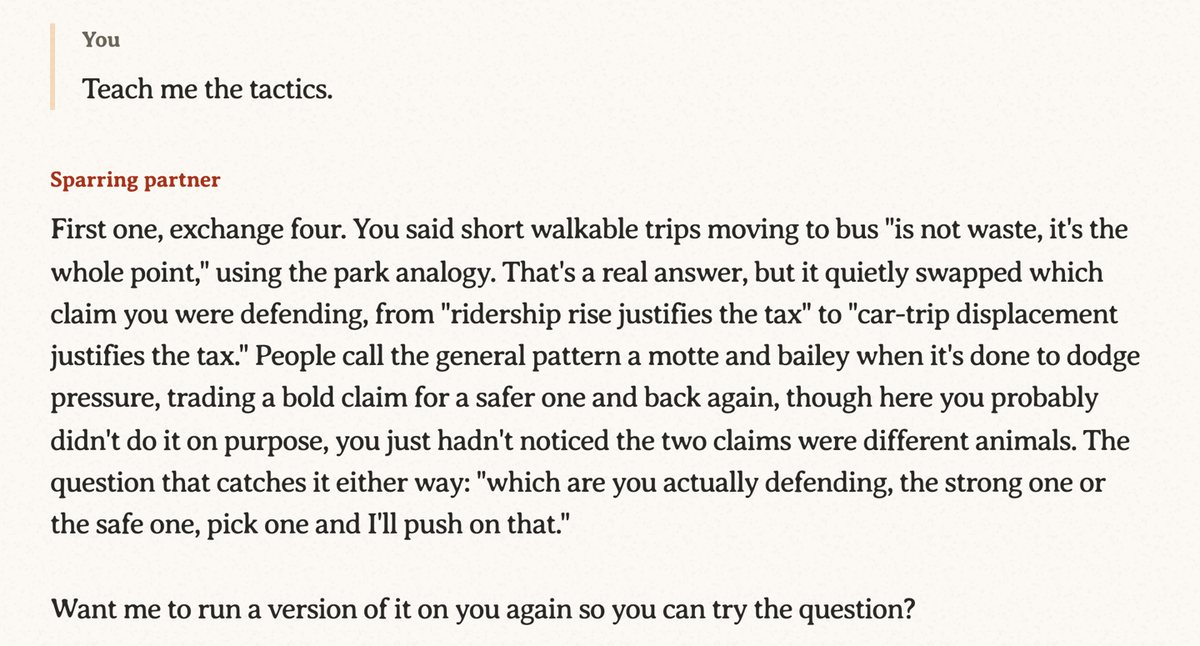 A tactics lesson: it names the move used in exchange four, motte and bailey, and the question that catches it.