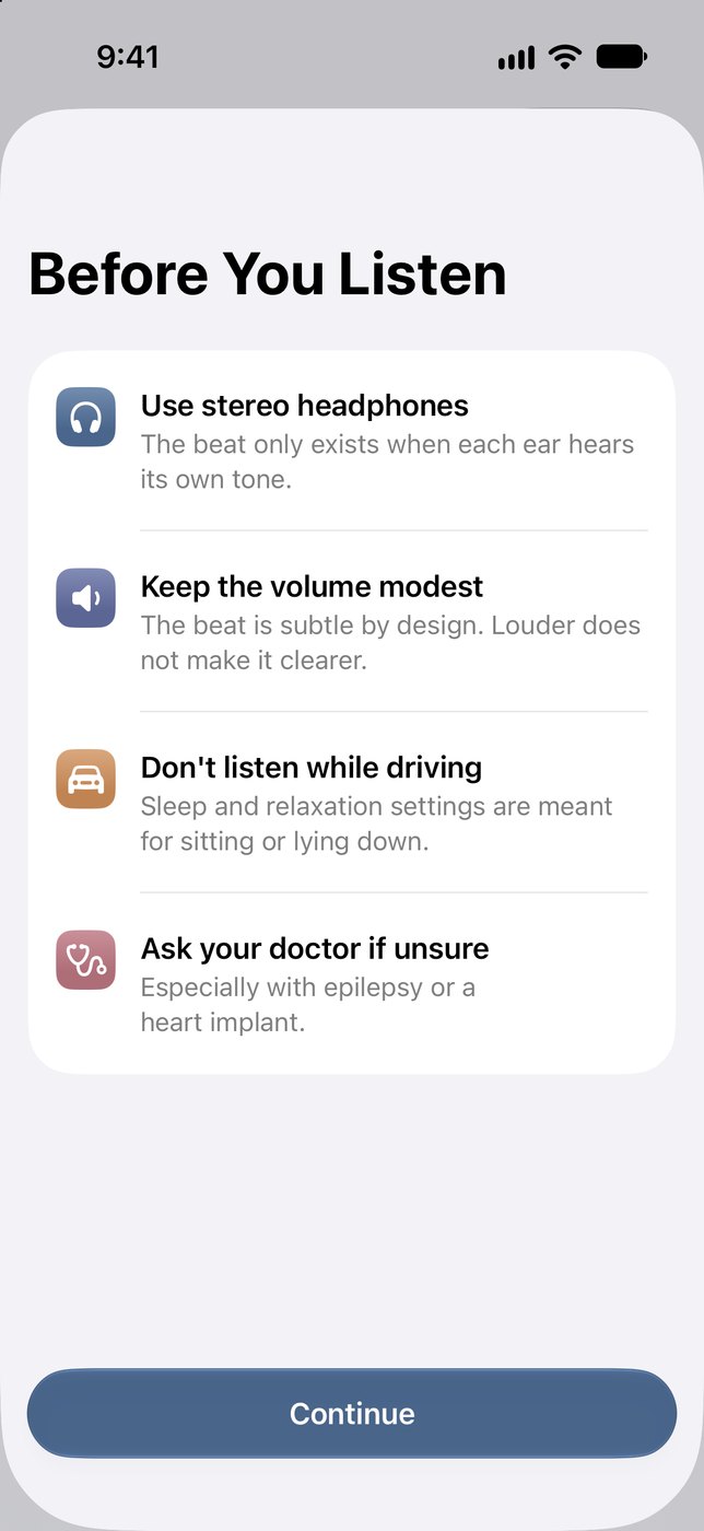 Binaural&rsquo;s Before You Listen screen: use stereo headphones, keep the volume modest, don&rsquo;t listen while driving, and ask your doctor if unsure, especially with epilepsy or a heart implant.