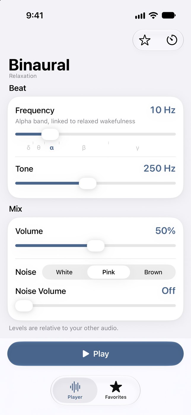 Binaural&rsquo;s Player screen: Frequency at 10 Hz in the alpha band with a strip of Greek band letters under the slider, Tone at 250 Hz, Volume at 50%, a White, Pink, Brown noise picker and a Play button.