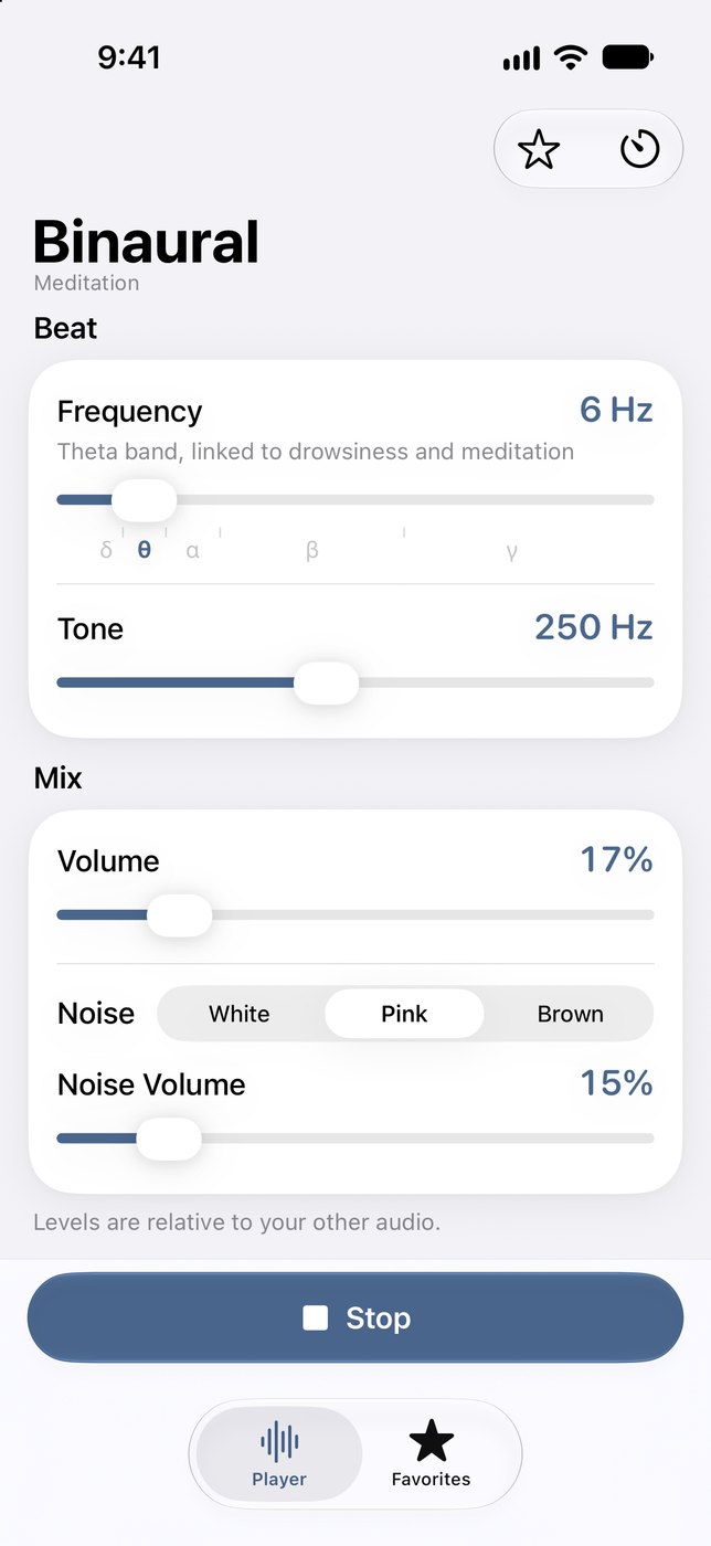 The Player while the Meditation preset plays: Frequency 6 Hz with theta highlighted, Tone 250 Hz, Volume 17%, pink noise at 15%, and a Stop button.