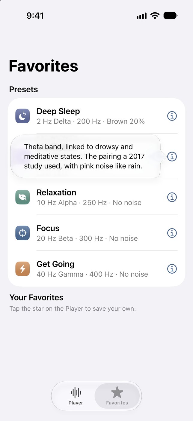 A popover on the Meditation preset: Theta band, linked to drowsy and meditative states. The pairing a 2017 study used, with pink noise like rain.
