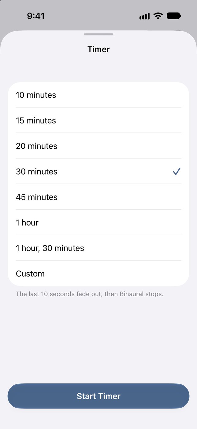 The Timer sheet listing 10, 15, 20, 30 (selected), 45 minutes, 1 hour, 1 hour 30 minutes and Custom, with a note that the last 10 seconds fade out.