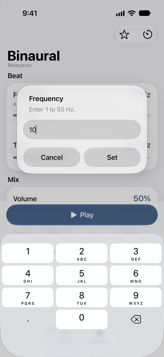 A Frequency dialog over the Player asking for a value from 1 to 50 Hz, with 10 entered and a number keypad below.
