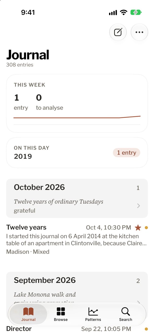 Journey on an iPhone: This Week and On This Day cards above entries grouped by month.