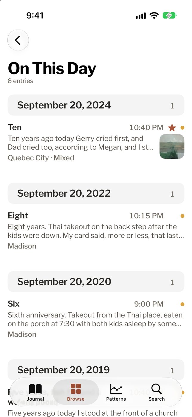 On This Day on an iPhone: entries from September 20 in four past years.