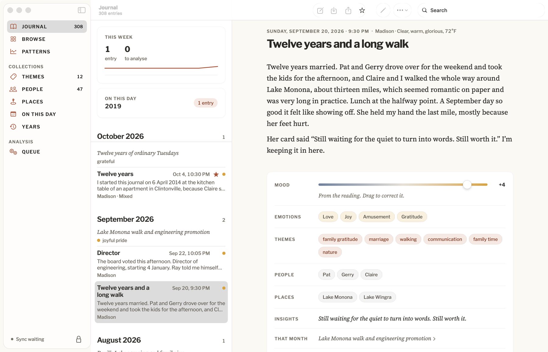 Journey on a Mac: entries grouped by month beside an open entry, with its mood, emotions, themes, people and places below the text.