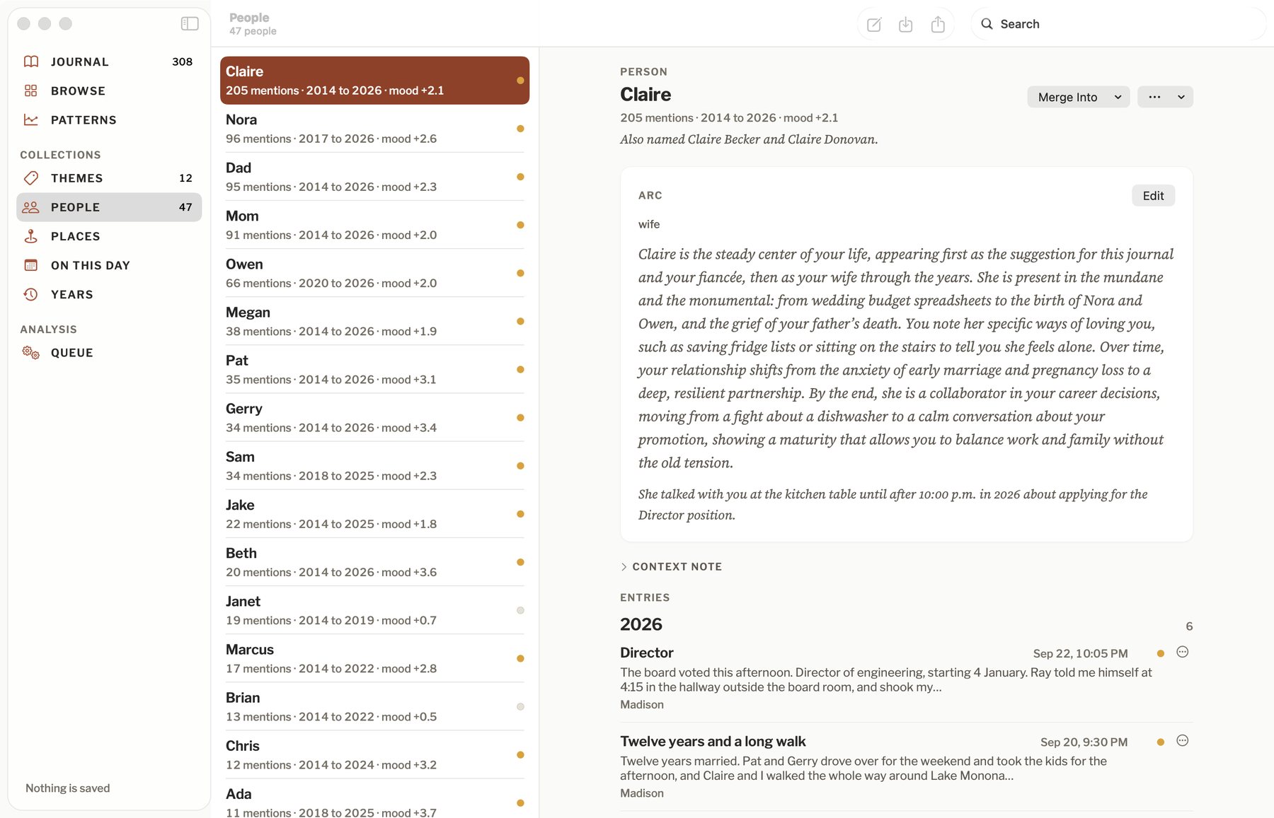 A person&rsquo;s page on a Mac with a timeline and the entries that mention them, beside the list of people.