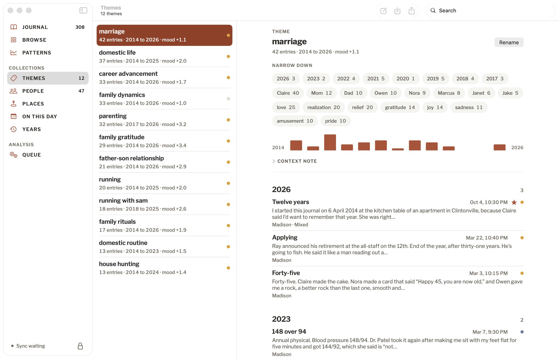 A theme page on a Mac, &ldquo;marriage&rdquo;: 42 entries from 2014 to 2026 with a timeline and filters by year, person and emotion.