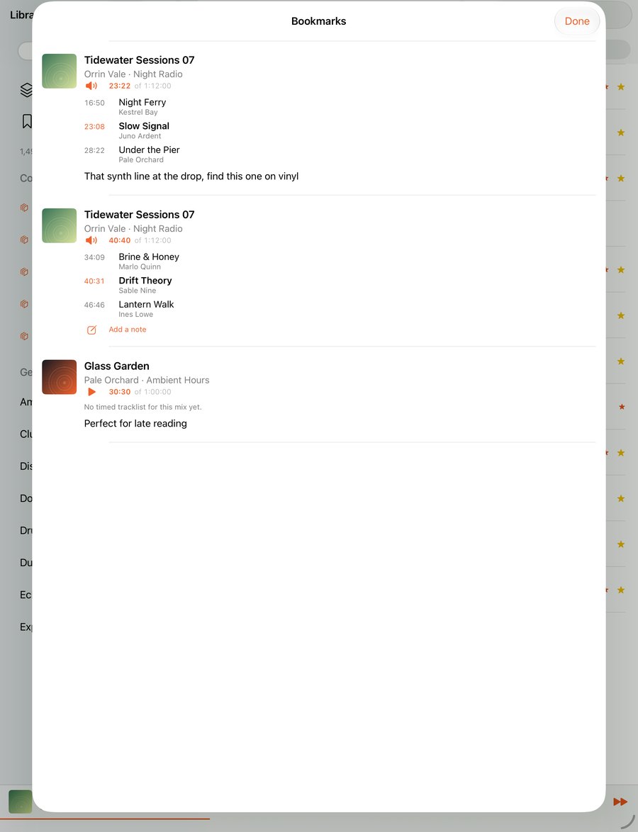 The iPad Bookmarks sheet listing three marked moments with neighboring tracks and notes.