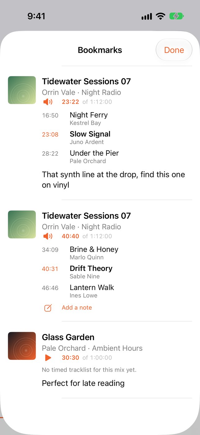 The Bookmarks screen on iPhone listing three marked moments, each with a cover, a time, the neighboring tracks and a short note.