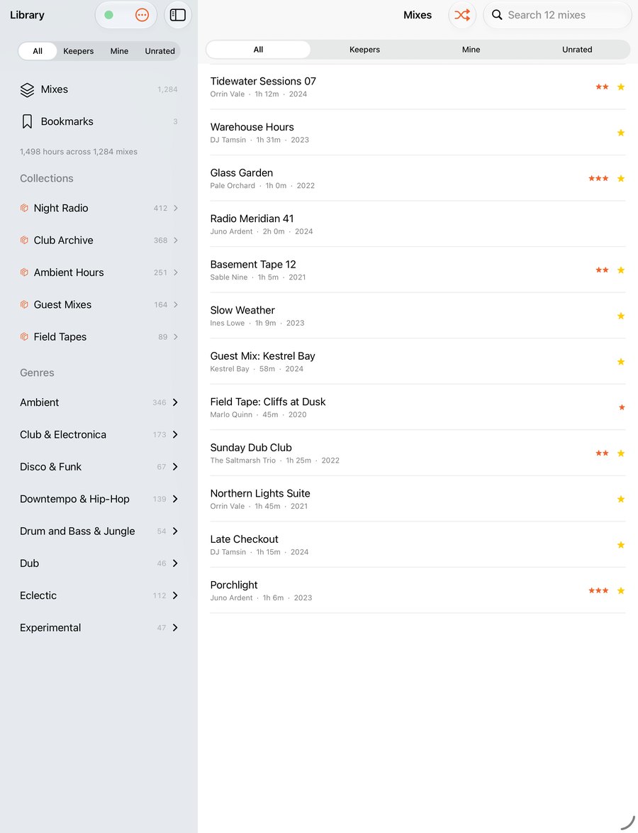 Mix Library on iPad in a two-column layout: collections and genres in a sidebar on the left, and the list of mixes on the right.
