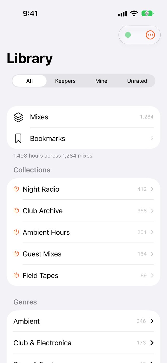 Mix Library&rsquo;s main screen on iPhone, showing a Mixes row, a Bookmarks row, five collections and a list of genres, with All, Keepers, Mine and Unrated filters at the top.
