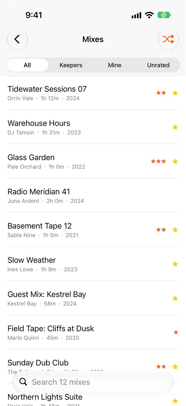 A scrolling list of mixes on iPhone, each with an artist, a duration, a year and star ratings, and a search field at the bottom.