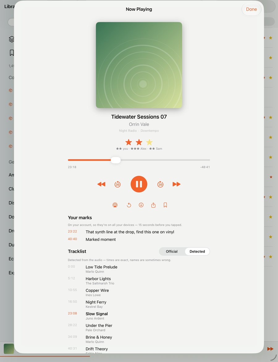 The iPad Now Playing sheet: cover art, playback controls at about 23 minutes, a Your marks section with two bookmarks, and a tracklist with the current track highlighted.