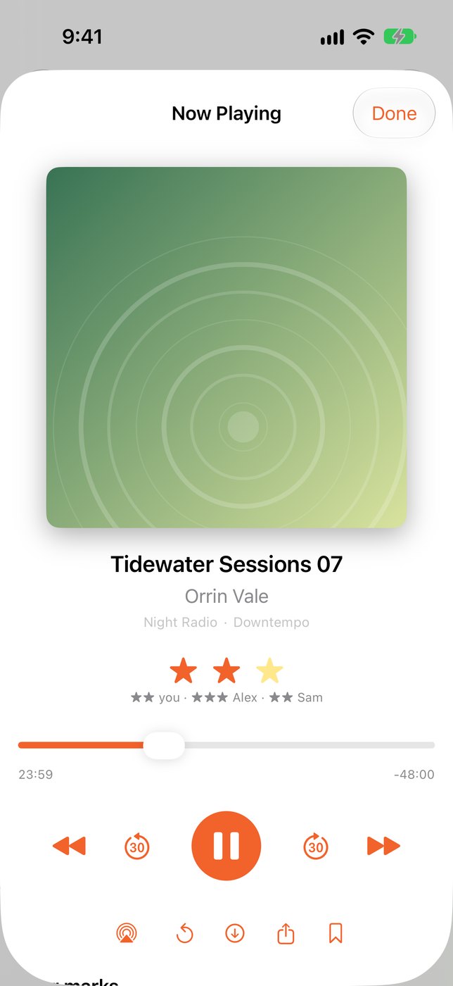 The Now Playing screen on iPhone: abstract cover art, the mix title and artist, a star rating with the names of others who kept it, a progress bar at about 24 minutes, and large orange playback controls.