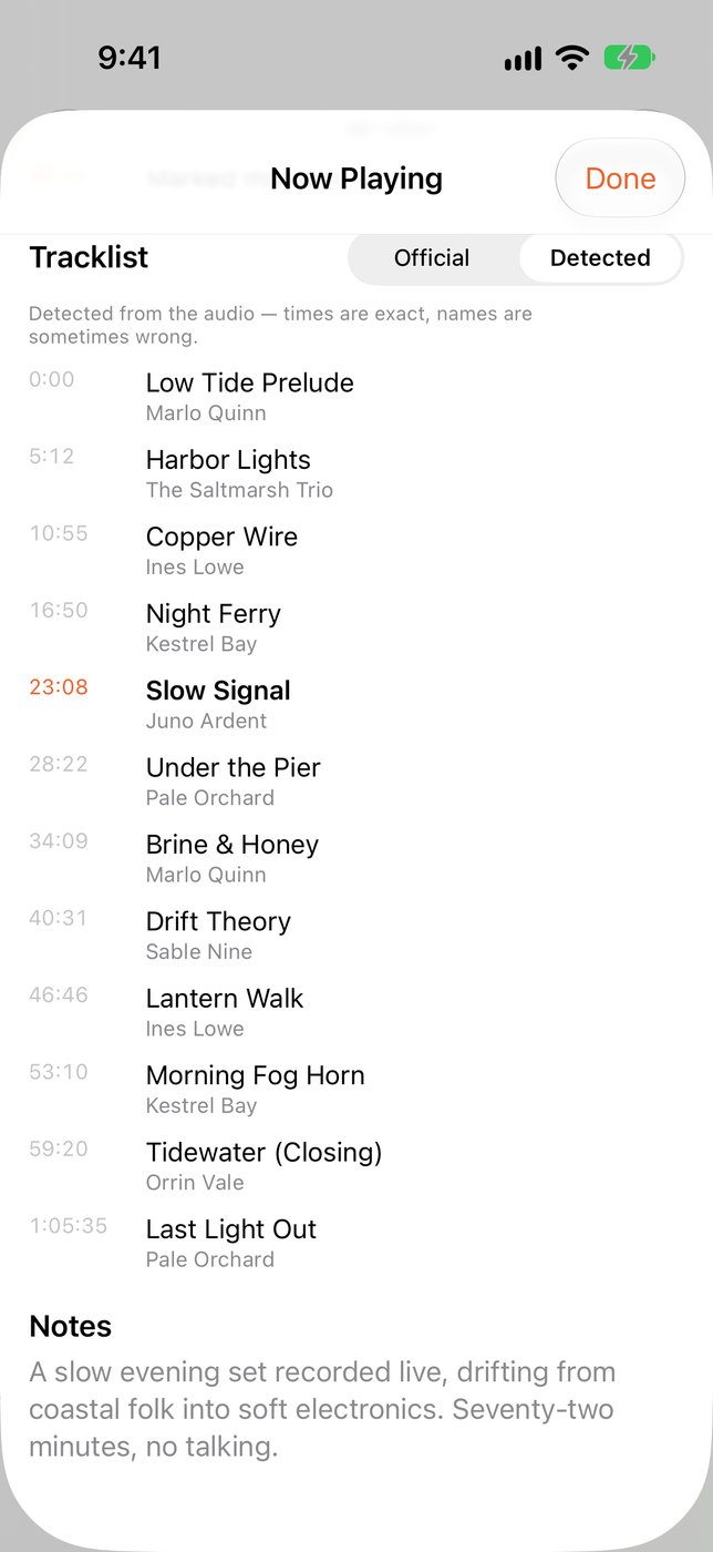 A tracklist on iPhone with Official and Detected tabs, twelve timed tracks, and the current track, Slow Signal at 23:08, highlighted in orange.