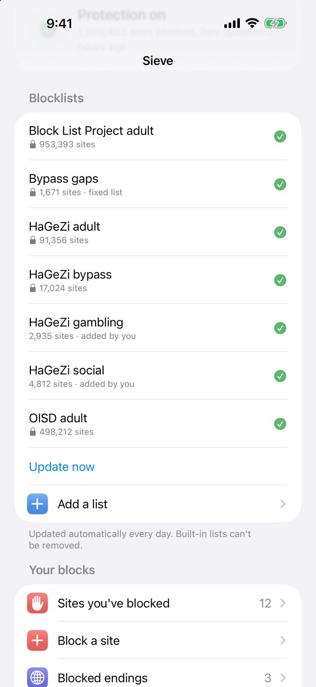Sieve&rsquo;s blocklists on an iPhone, each updated automatically, with options to block sites and endings.