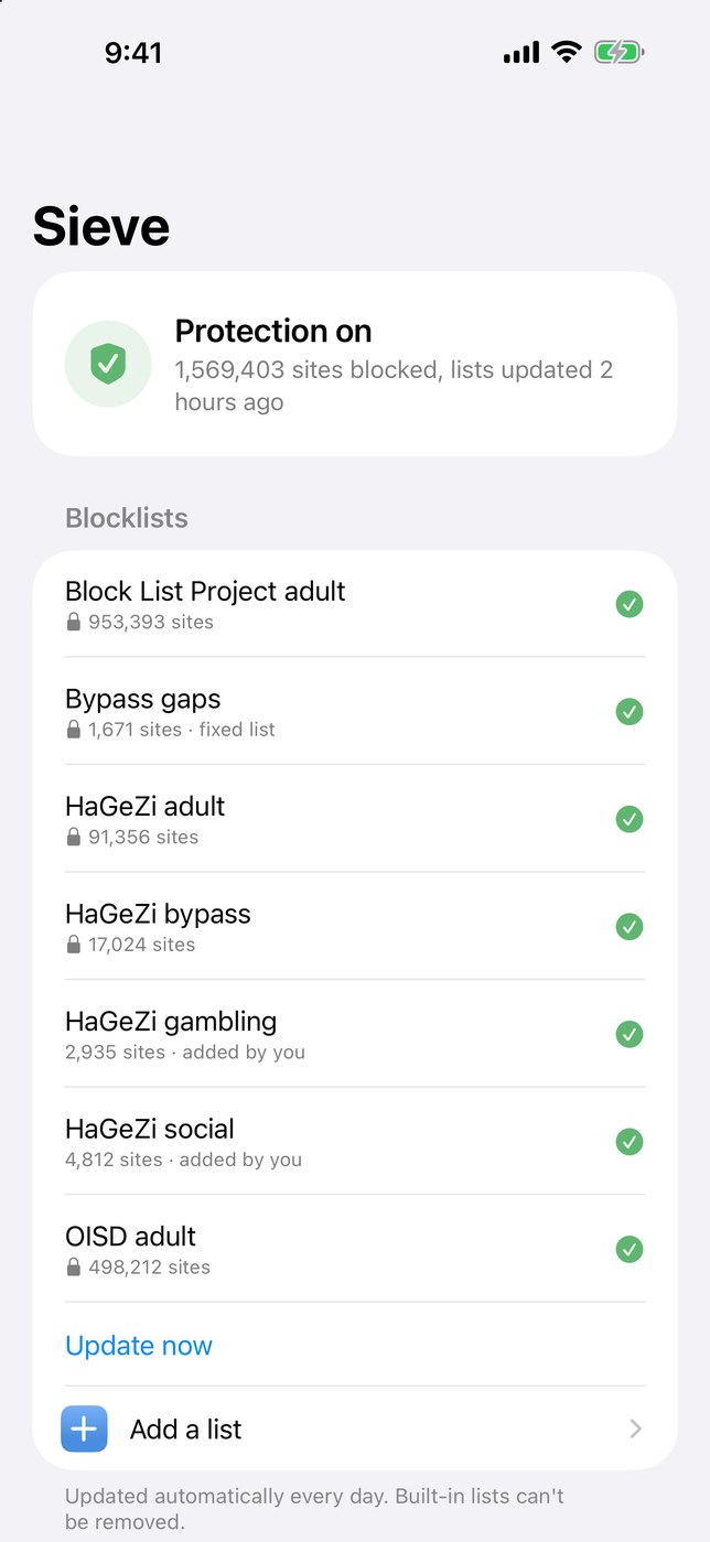 Sieve&rsquo;s main screen on an iPhone, showing protection on and its blocklists.