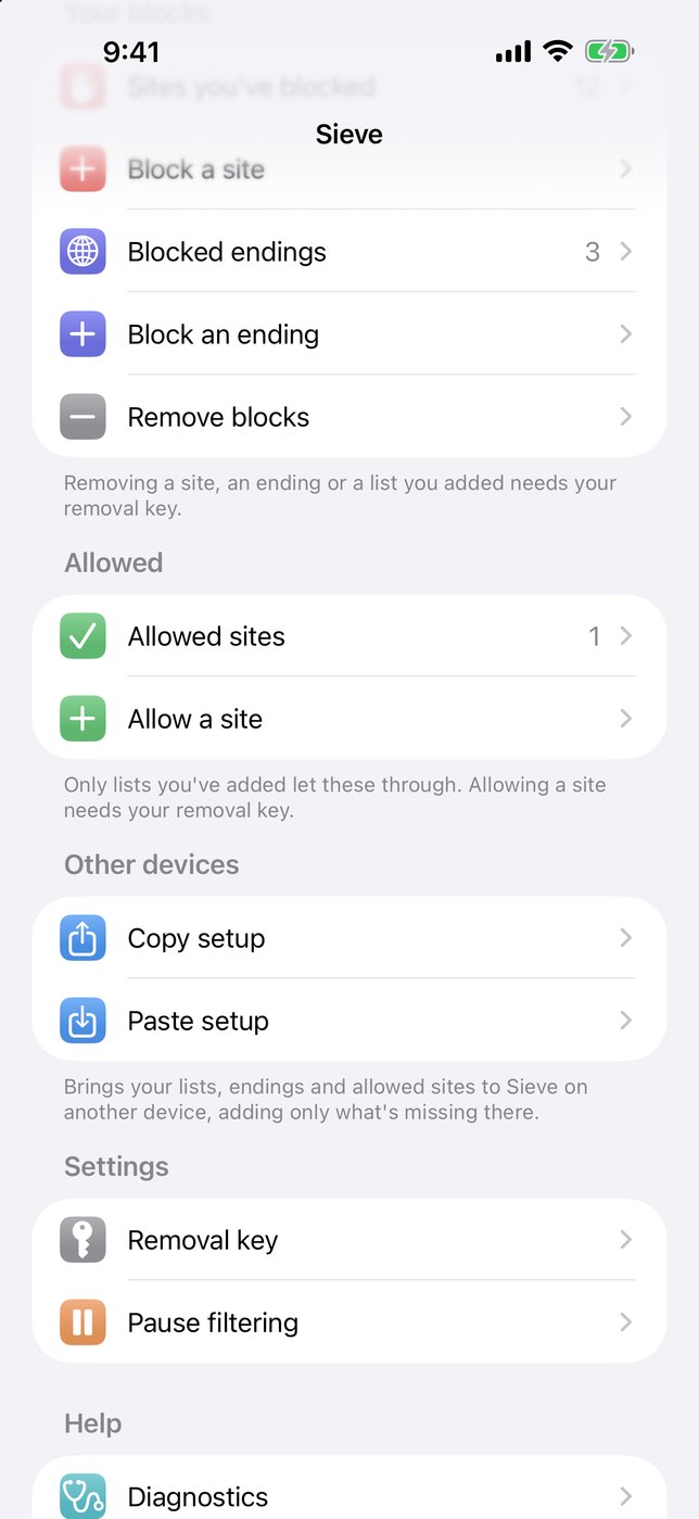 Sieve&rsquo;s settings on an iPhone for your own blocks, allowed sites and copying a setup to other devices.