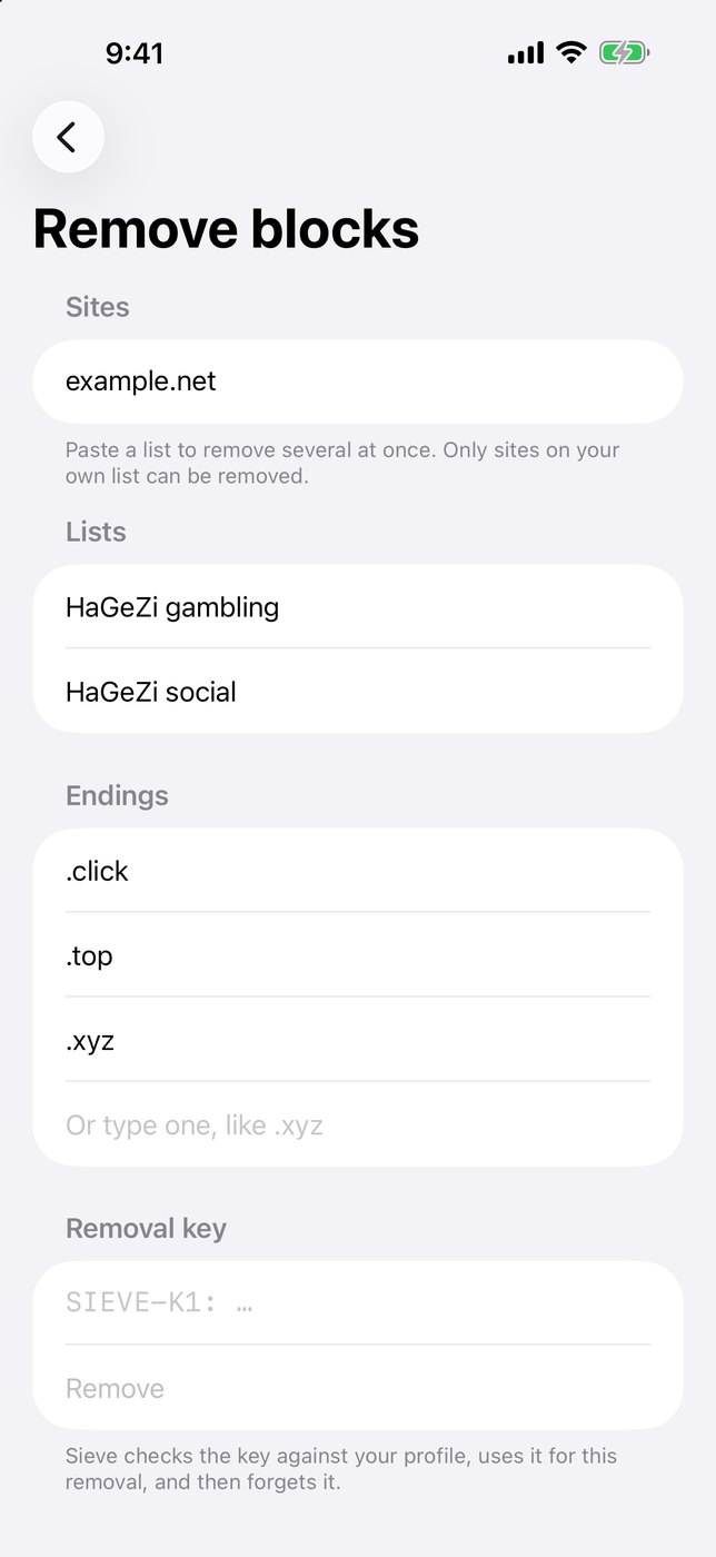 Removing blocks in Sieve on an iPhone, which asks for the removal key.