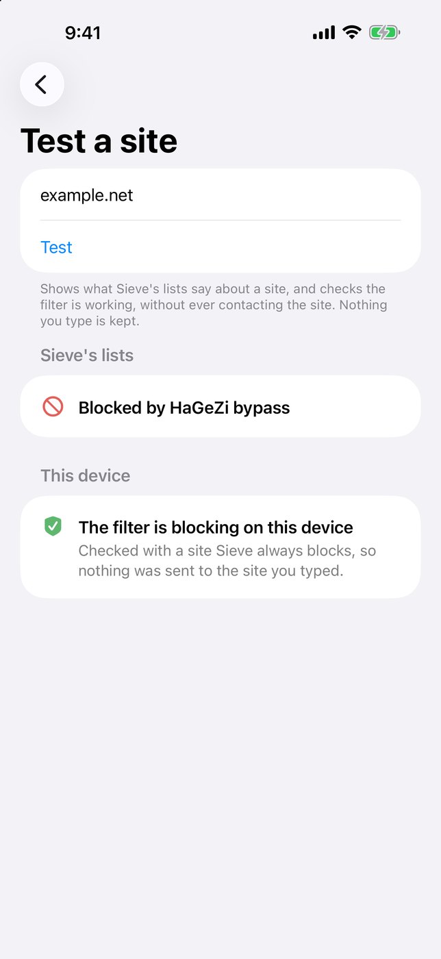 Sieve testing a site on an iPhone, showing it&rsquo;s blocked and that the filter is working, without contacting the site.